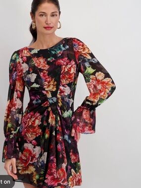 Sienna Rose Black Floral Long-Sleeve Twist Mini Dress